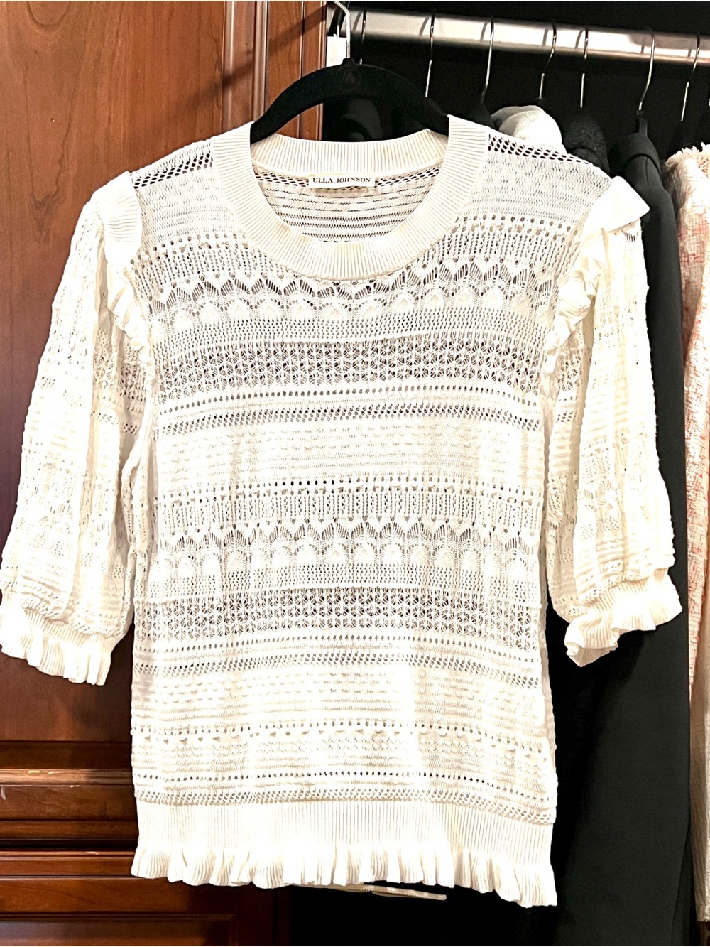 Ulla Johnson Open-Knit Puff Sleeve Ruffle Top